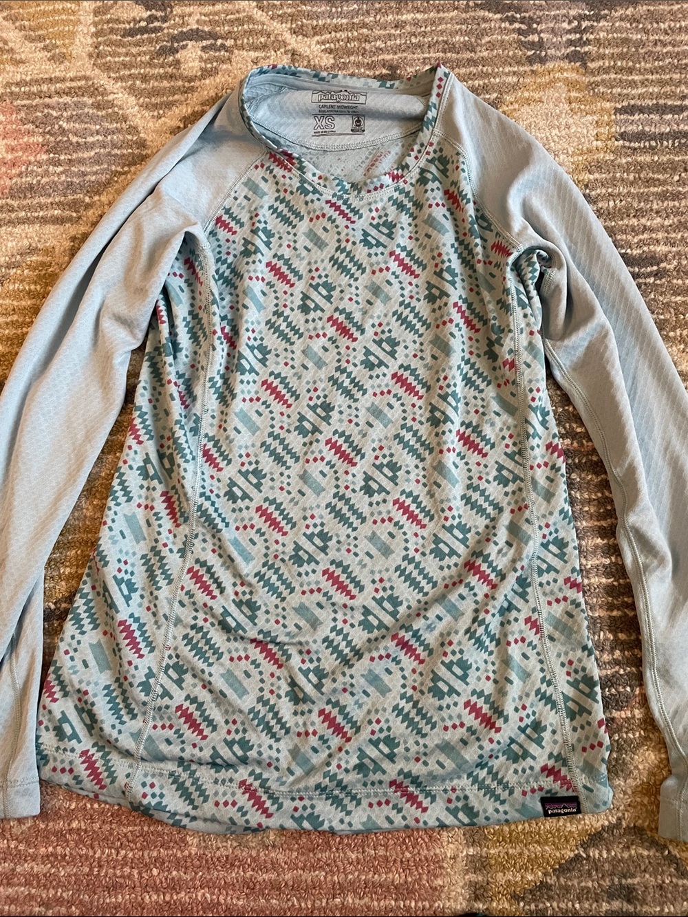Patagonia Men’s Crewneck Pullover - Light Blue with Teal & Red Pattern